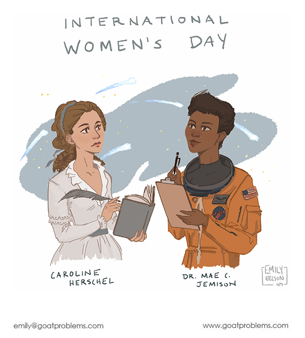 Procreate illustration of two women scientists for international women's day, with Caroline Herschel and Mae Jemison.